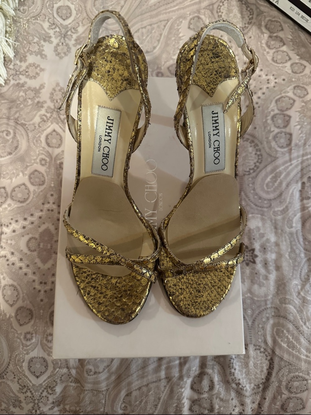Jimmy Choo Metallic Gold Snake-Embossed Strappy Heels